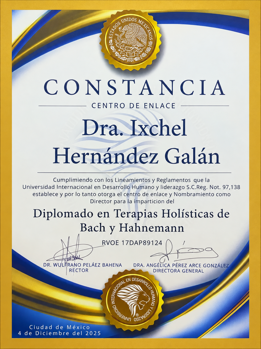Constancia de Centro de Enlace emitida por la Universidad Internacional en Desarrollo Humano y Liderazgo a la Dra. Ixchel Hernández Galán